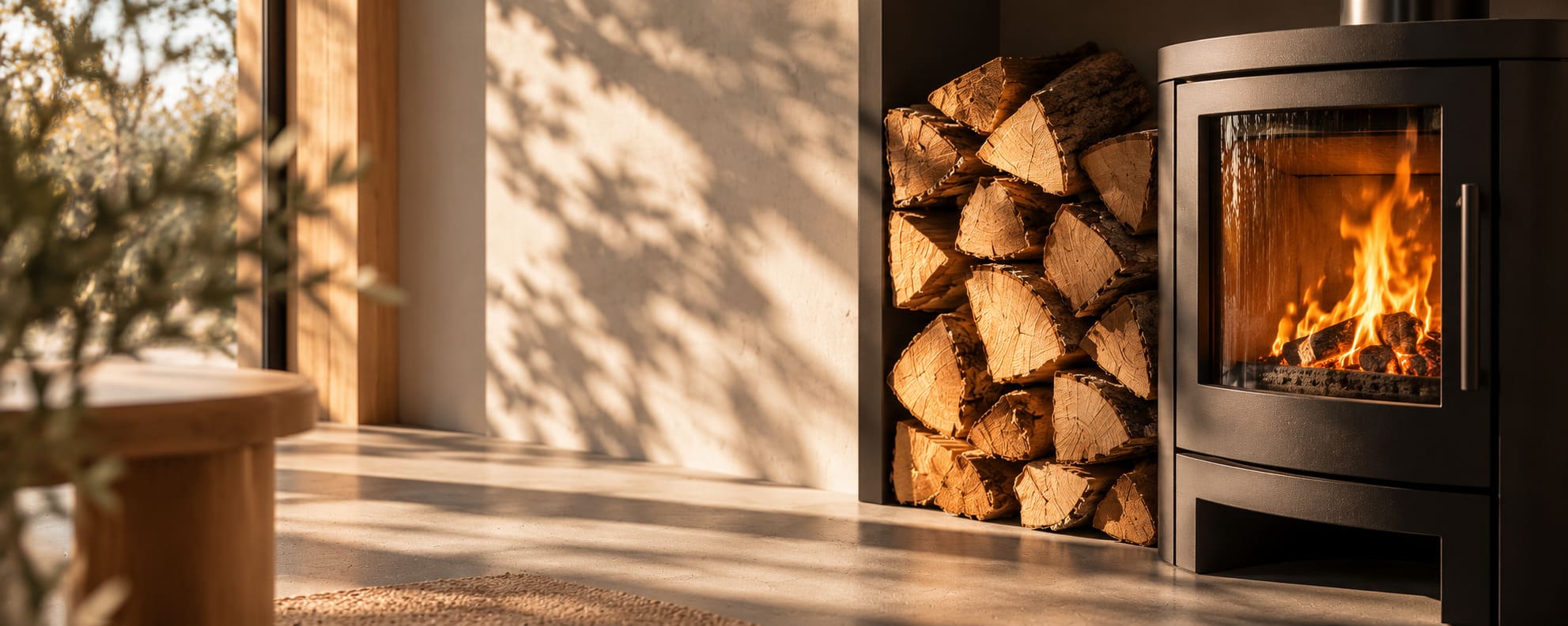 Poêle à bois noir avec flammes visibles dans un salon lumineux, à côté d'une réserve de bûches empilées