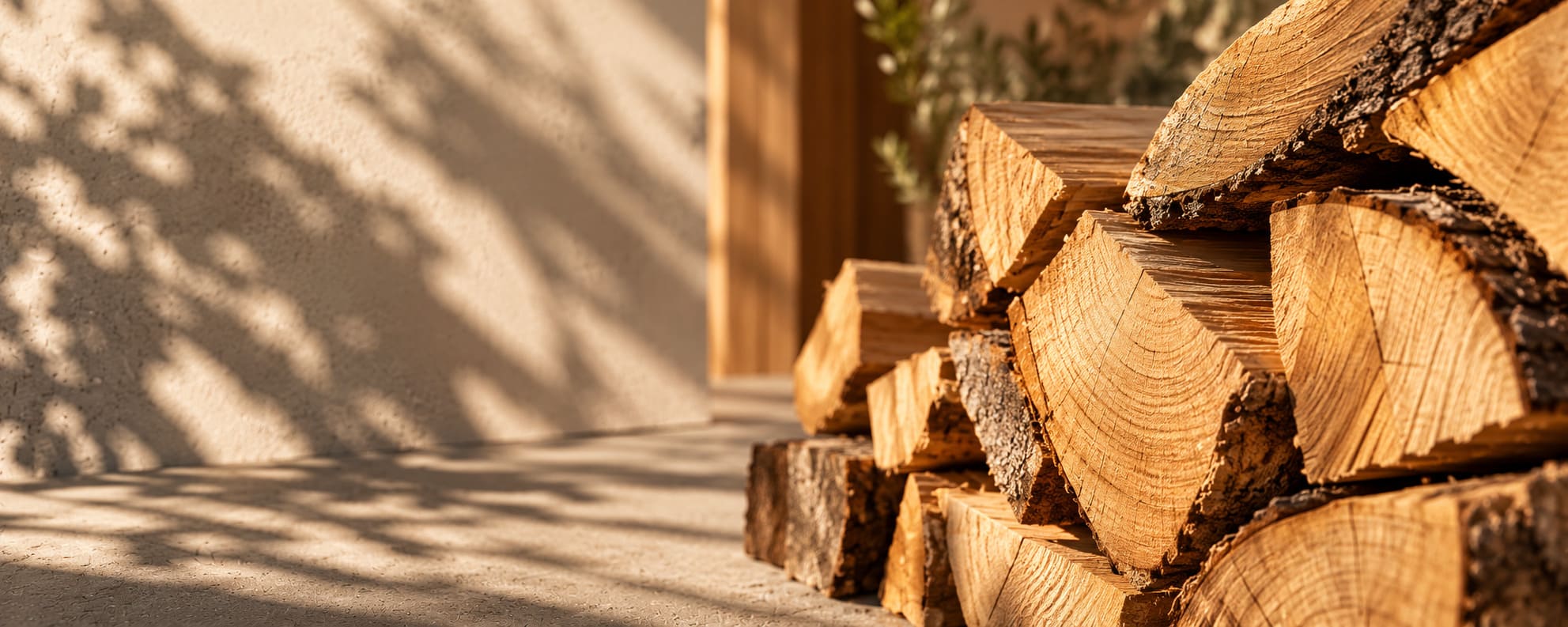 Pile de bûches de bois de chauffage fendues, empilées contre un mur ensoleillé