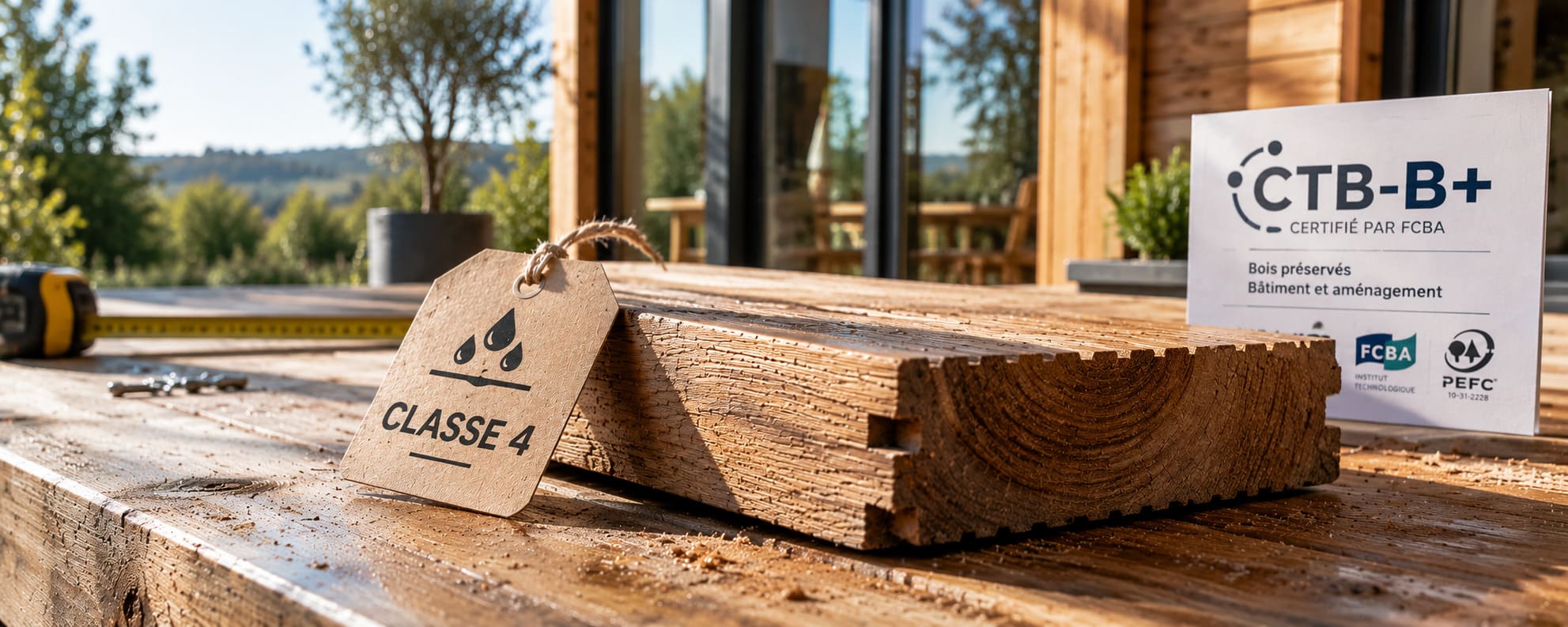 Lame de terrasse en bois à rainures posée sur un platelage, avec une étiquette Classe 4 et un panneau de certification CTB-B+, devant une maison à baies vitrées