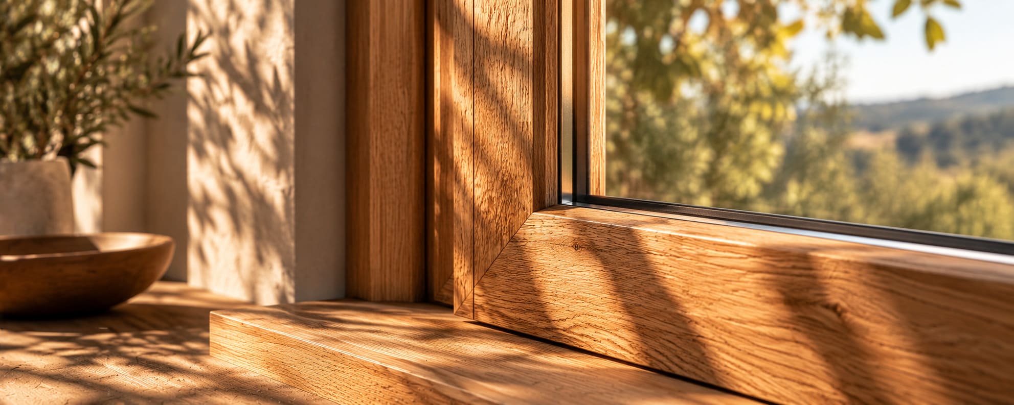 Angle d'une fenêtre en chêne vu de près, avec le fil du bois éclairé par le soleil et un paysage flou derrière la vitre