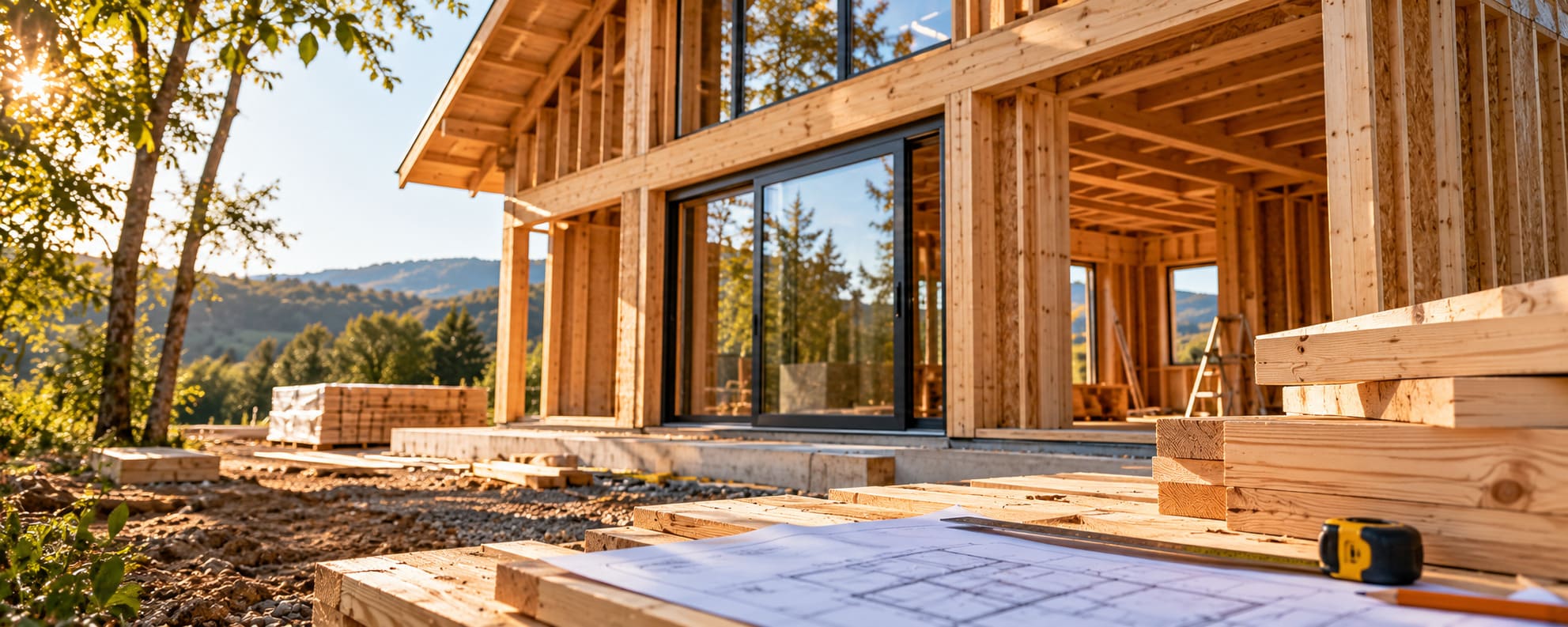 Ossature bois d'une maison en construction avec baie vitrée, piles de bois d'œuvre et plan posé au premier plan