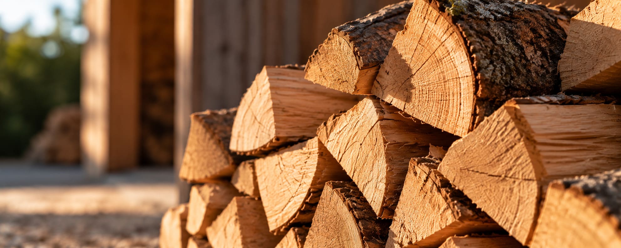 Pile de bûches de feuillus fendues et rangées, face de coupe et écorce visibles, devant un abri en bois