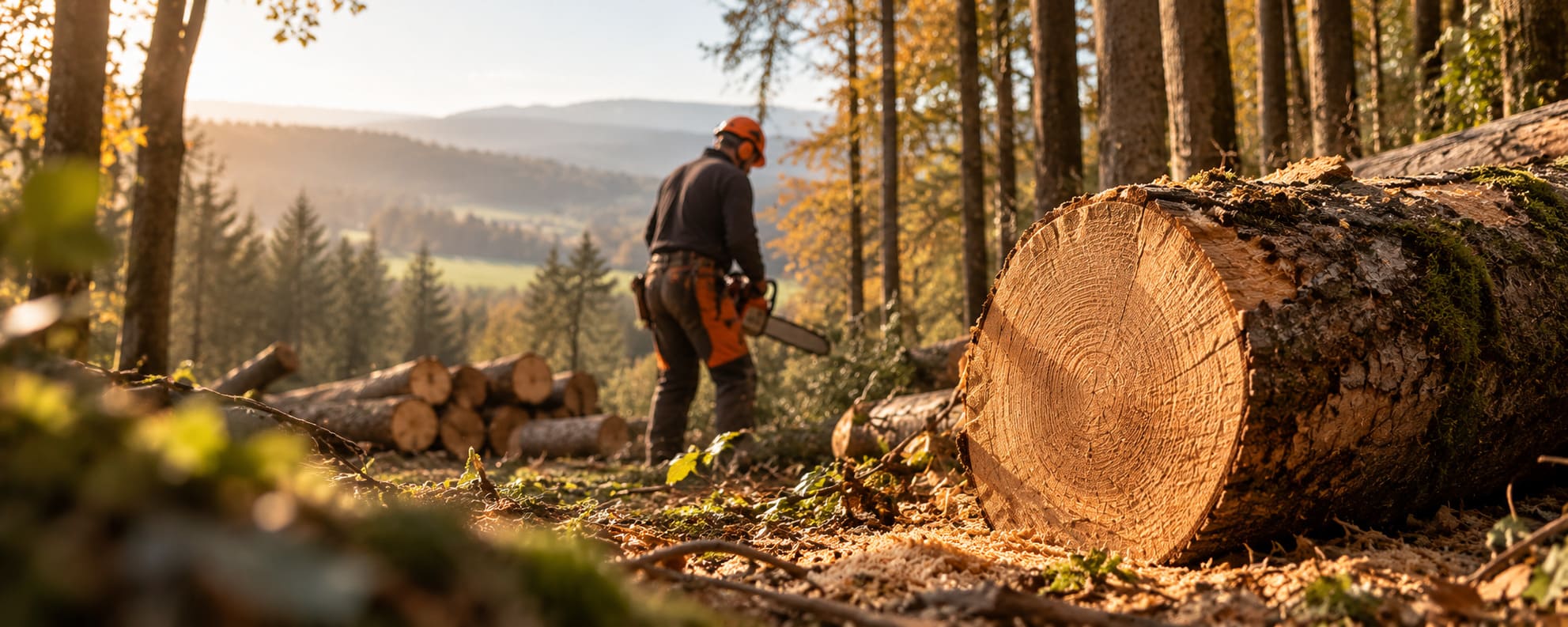 Bûcheron casqué, tronçonneuse en main, dans une forêt d'automne devant une grosse bille de bois fraîchement coupée et des grumes empilées